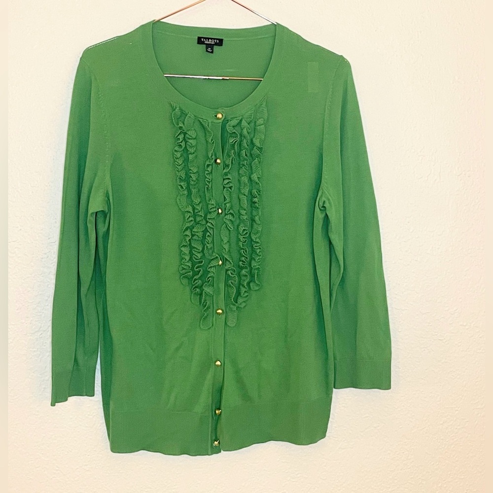 Talbots Ruffle Front Kelly Green Cardigan Sweater | Size M